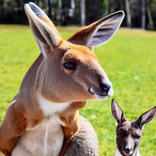 Image similar to a Muscular kangaroo and a dog look at each other, blue sky, garden, highly detailed, high quality, award winning