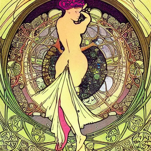 Prompt: princess fairy creating planets, art nouveau by Mucha, beautiful detailed illustration