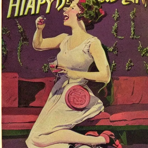 Prompt: happy drinker woman, hyper detailed, Vintage Magazine Illustration