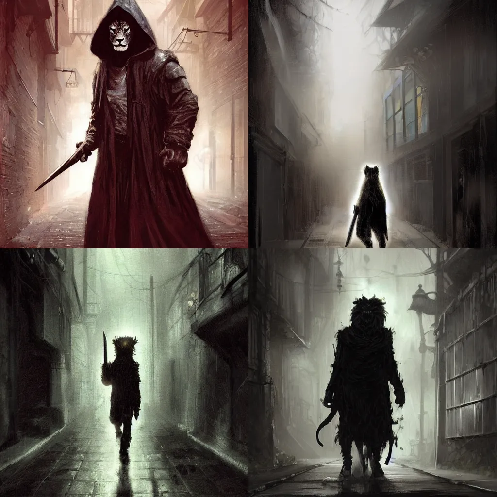 Prompt: A digital painting of a teenage lion in a dark rainy alleyway wearing a dark glowing black cloak while holding a long dagger dripping of blood in his right hand, by Stanley Artgerm Lau, frank frazetta, Rossdraws, James Jean, gerald brom, Andrei Riabovitchev, Marc Simonetti, and Sakimichan, trending on artstation, cinematic lighting, SFW version