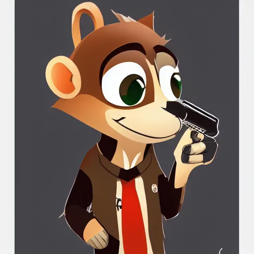 Image similar to “ logo and portrait of a monkey in the style of zootopia holding laser gun, with a black background, digital art, award winning, trending on art station, retro style ”