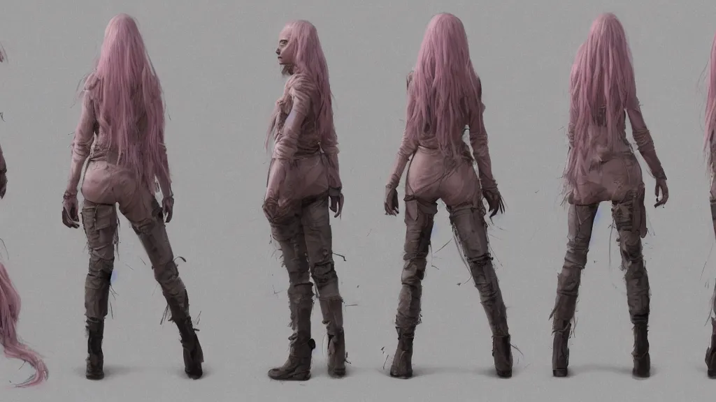 Prompt: character sheet for a light pink long haired beautiful realistic female for futuristic baggy jacket dystopian mad max like fashion brand demobaza on an alien planet, impact by craig mullins, by studio ghibli, digital art, trending on artstation, hd, 8 k, highly detailed, good lighting, beautiful, masterpiece