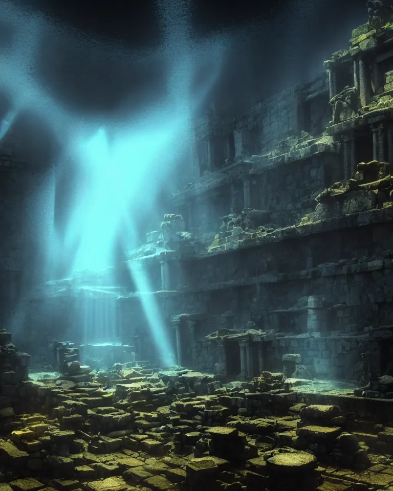 Prompt: full color, wide shot of submerged pre - incan temple, dark, underwater, symmetrical, crepuscular rays, bubbles, abyss, grenada underwater sculpture park, anime style mixed with fujifilm, very dark, murky, foggy, atmospheric, artstation, cgsociety, octane render, cgi, unreal engine 5, denoise, detailed, cinematic masterpiece