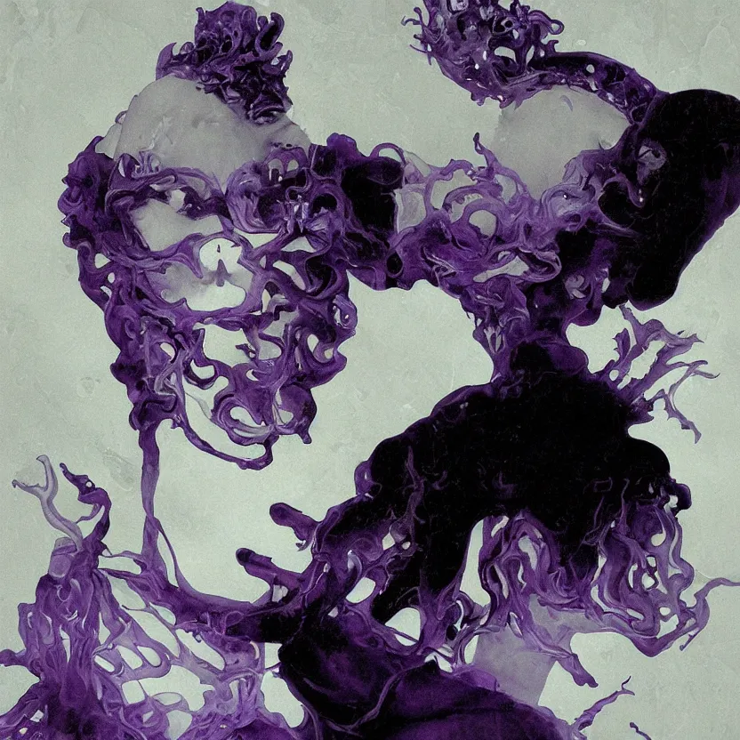 Prompt: a dark baroque close - up portrait of a purple and white porcelain being made out of white liquid sci - fi vitrified translucent ceramic marble ; china. reflective detailed textures. gloomy black background. highly detailed fantasy science fiction painting by moebius, norman rockwell, frank frazetta, and syd mead. rich colors, high contrast. artstation