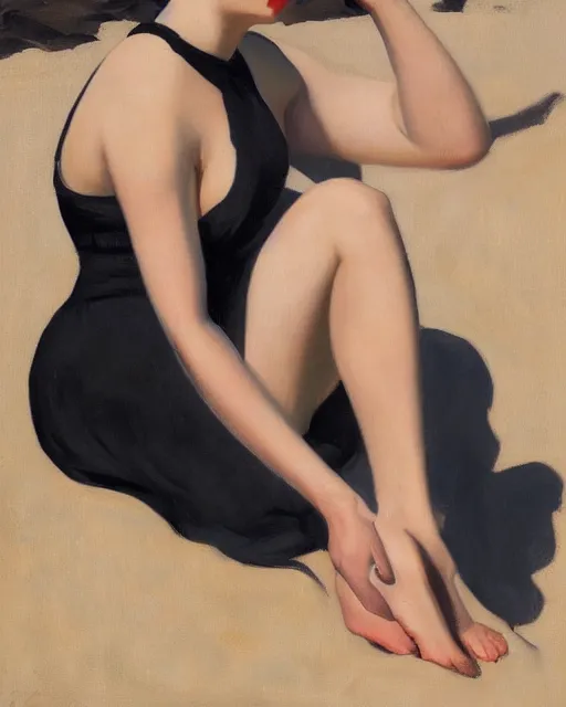 Prompt: woman sit on the beach in black dress, full body, leyendecker style, camera glare in oil style,