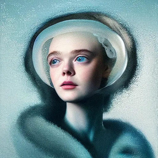 Image similar to Elle Fanning wearing a jellyfish helmet in the style of Paola Vetri, head and shoulders portrait, stormy weather, extremely detailed masterpiece, oil on canvas, low-key neon lighting, artstation, Blade Runner 2049, Roger Deakin’s cinematography, by J. C. Leyendecker and Peter Paul Rubens and Edward Hopper and Michael Sowa,