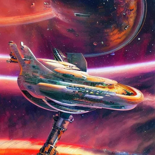 Image similar to A beautiful space ship roaming through the cosmos many pods in the style of John Berkey high definition 4K