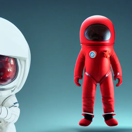 Prompt: a red suit astronaut shaped like a bean with a blue visor render nano cyber 4 k