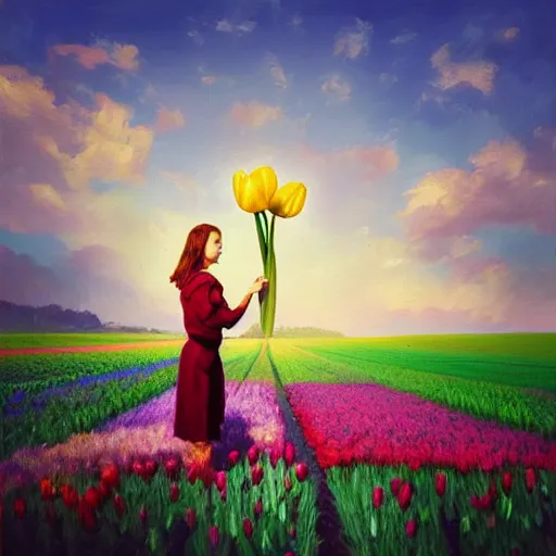 Image similar to girl with a single giant tulip as a head, surreal photography, flower field, sunset dramatic light, impressionist painting, colorful clouds, blue sky, digital painting, artstation, simon stalenhag