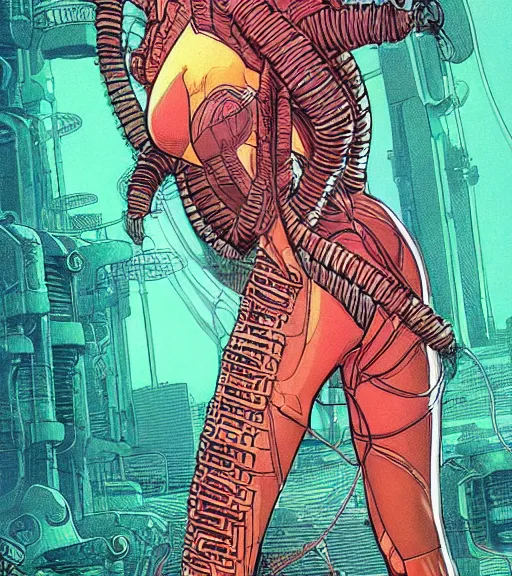 Image similar to a cyberpunk diver Polynesian woman swims through a dark alien coral reef, techwear, Industrial Scifi, detailed illustration, character portrait, by Martin Grip and Moebius