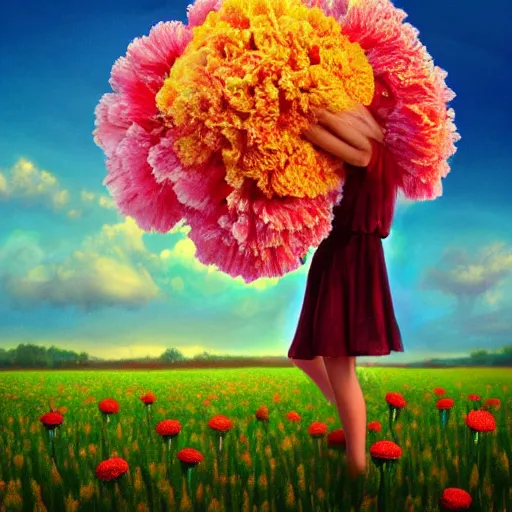 Image similar to head made of carnations flower, full body, girl standing in a flower field, surreal photography, sunrise dramatic light, impressionist painting, colorful clouds, digital painting, artstation, simon stalenhag, flower face