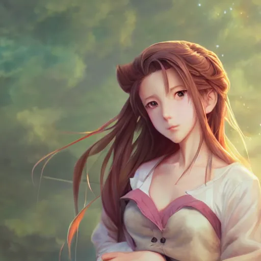 Image similar to high quality art of aerith gainsborough by WLOP, rossdraws, Logan Cure, Mingchen Shen, BangkuART, sakimichan, yan gisuka, JeonSeok Lee, zeronis, Chengwei Pan on artstation