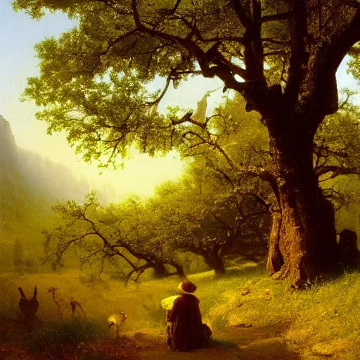 Prompt: a wise old oak speaking, oil painting by albert bierstadt