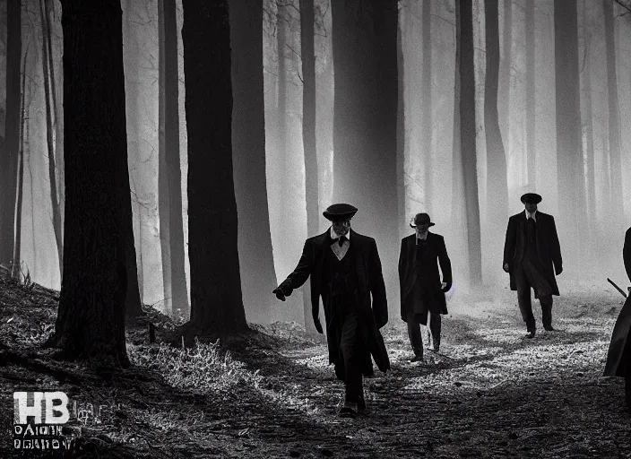 Image similar to an dramatic scene from peaky blinders, medium long shot, filmed in the dark woods, a cabin in the background, leonardo dicaprio and daniel day - lewis, faces covered in shadows, detailed and symmetric faces, black and white, cinematic, epic,