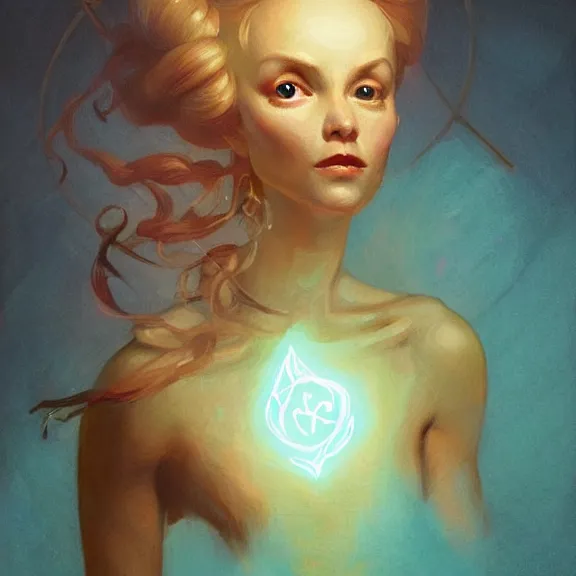 Image similar to a highly detailed portrait in the style of john currin and in the style of peter mohrbacher. glowing rune of magical power.