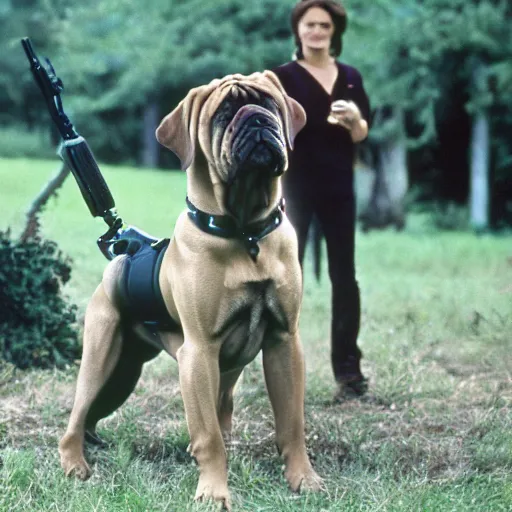 Image similar to film still of the 1 9 9 9 tv show'dog the bounter hunter '. a tv show about a mastiff dog that hunts criminals. sigma 8 5 mm f / 8