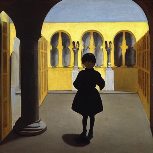 Image similar to a painting of a little girl with short black hair and wearing a yellow coat far away alone in the inner courtyard of an abbey by hopper and de chirico