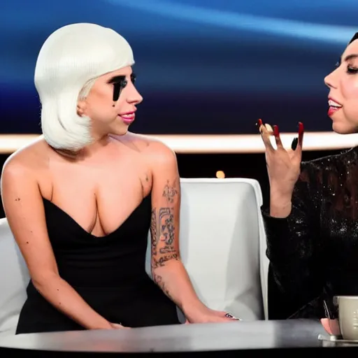 Image similar to lady gaga and aubrey plaza side eyeing each other during a late show interview