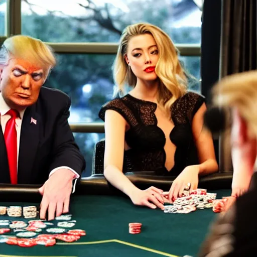 Prompt: donald trump and amber heard playing poker at night