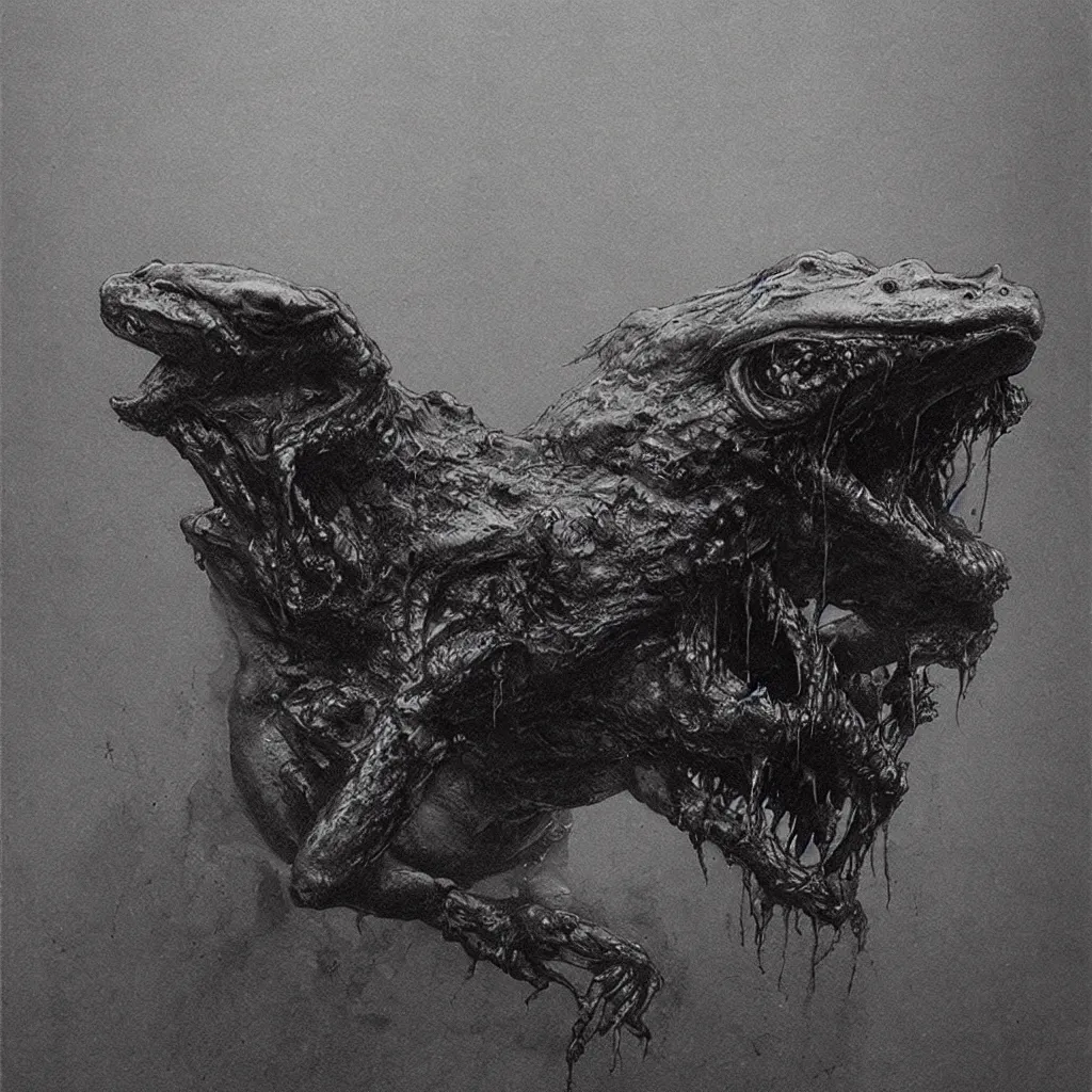 Image similar to horrifying bullfrog creature, fangs, necromorph, style of zdislaw beksinski