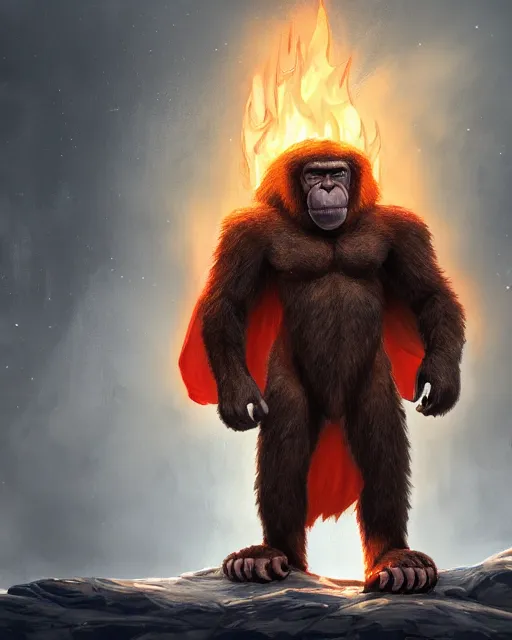 Image similar to fury art, an anthro ape wearing a large cape and a fantasy armor, fire, ice, fiery background, 3 d, 8 k, extremely detailed, trending on furaffinity, trending on artstation, award winning, sharp focus, illustration