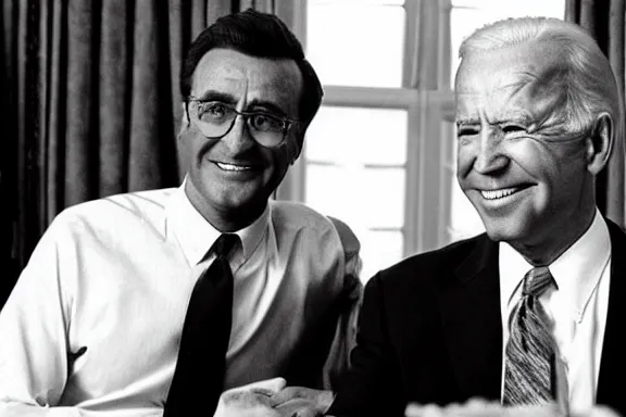 Prompt: “ very photorealistic photo of rod sterling and joe biden in the oval office, image is black and white, award - winning details ”