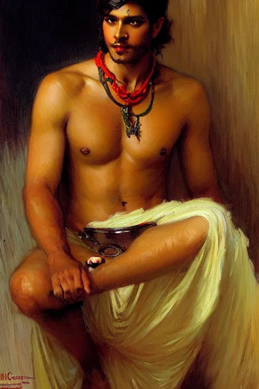 Image similar to attractive male, hinduism, painting by gaston bussiere, greg rutkowski, j. c. leyendecker