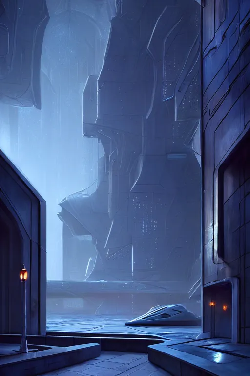 Prompt: emissary futuristic cityscape with blue street lamps, windows lit, stone marble sculptures in a courtyard, by tim blandin and arthur haas and bruce pennington and john schoenherr, cinematic matte painting, zaha hadid building, photo realism, dark moody color palate, blue hour stars, desolate glacial landscape,