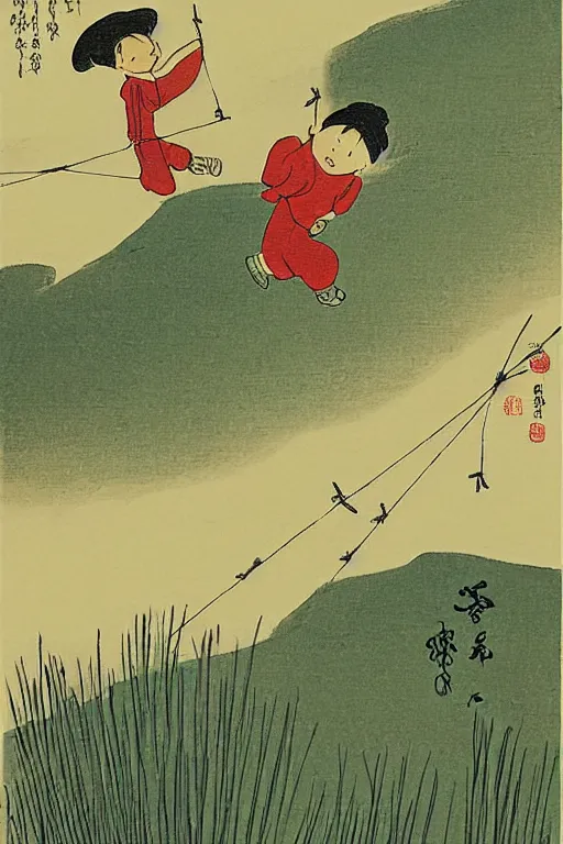 Prompt: A cartoon painting of two children flying kites in the field in spring.by Feng Zikai.
