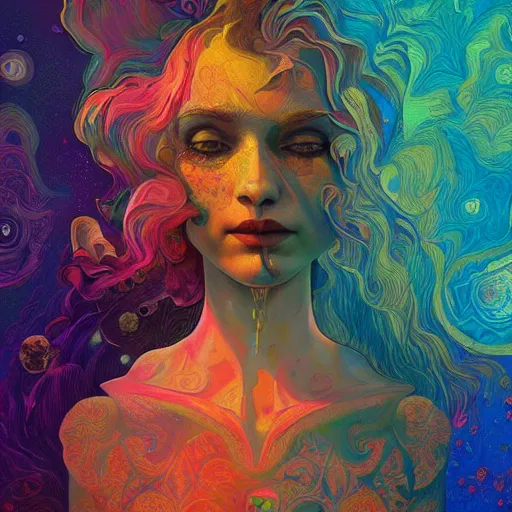 Image similar to An extremely psychedelic experience, colorful, surreal, dramatic lighting, cosmonaut, LSD, face, detailed, intricate, elegant, highly detailed, digital painting, artstation, concept art, smooth, sharp focus, illustration, art by Sam Spratt, Dan Mumford, Artem Demura and Alphonse Mucha