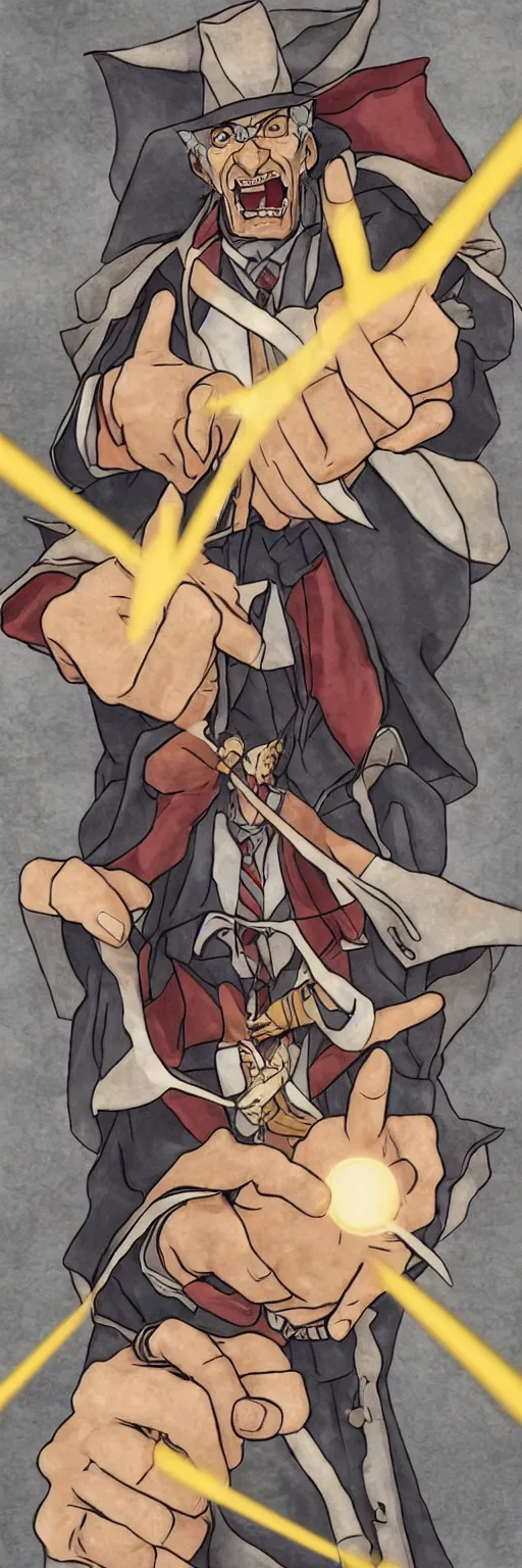 Image similar to the judge from Ace Attorney with a beam scale in one hand. Tarot card Justice, impressive art, detailed, single subject, high quality