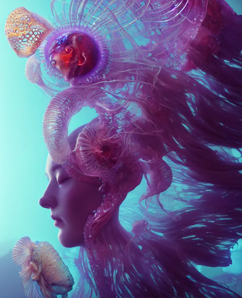 Image similar to goddess close-up portrait. orchid jellyfish phoenix head, nautilus, skull, betta fish, bioluminiscent creatures, intricate artwork by Tooth Wu and wlop and beeple. octane render, trending on artstation, greg rutkowski very coherent symmetrical artwork. cinematic, hyper realism, high detail, octane render, 8k