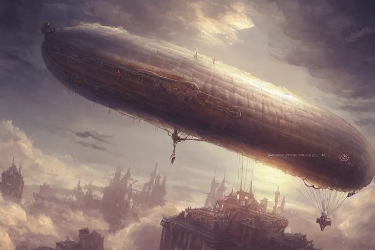 Prompt: An airship flying through the clouds towards a steampunk city, epic fantasy style, highly detailed, photorealistic, reflections, smooth, sharp focus, concept art, illustration, beautiful, geometric, trending on artstation, cinematic, featured on behance , artwork by WLOP and Tran, Ross