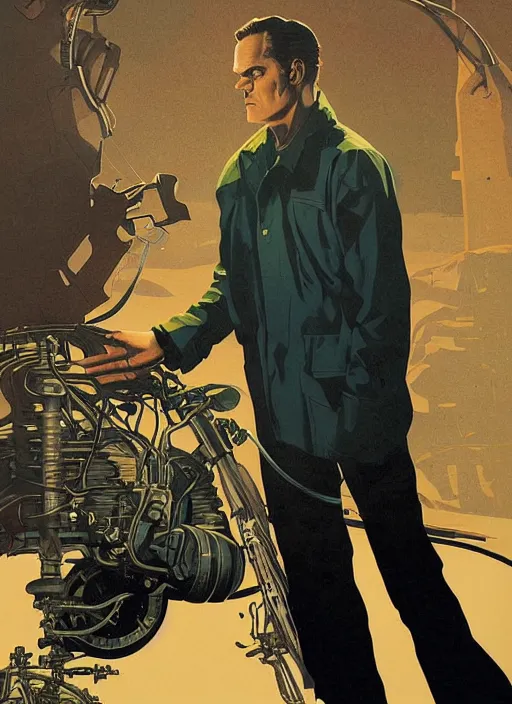 Image similar to poster artwork by Michael Whelan and Tomer Hanuka, Karol Bak of portrait of Michael Shannon!!!!!! the local mechanic clerk at the auto store, from Twin Peaks, clean, simple illustration, nostalgic, domestic, full of details