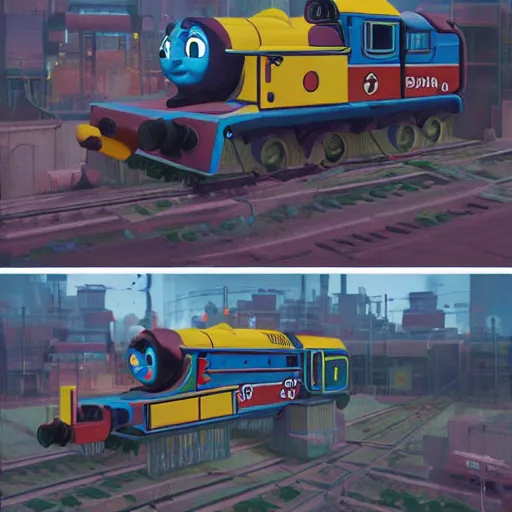 Image similar to cyberpunk thomas the tank engine, style of simon stalenhag