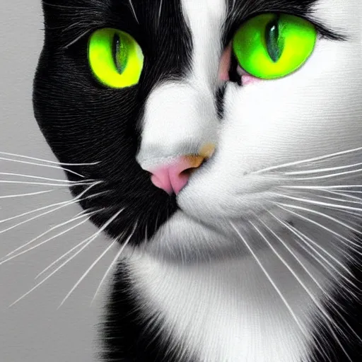 Image similar to a portrait of a beautiful black and white cat wearing a tuxedo with colorful bright green eyes, hd, 8k, hyper-realism,