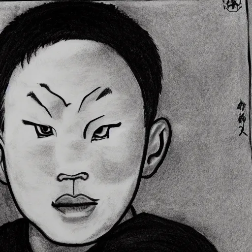 Image similar to black marker drawing of a chinese boy monk