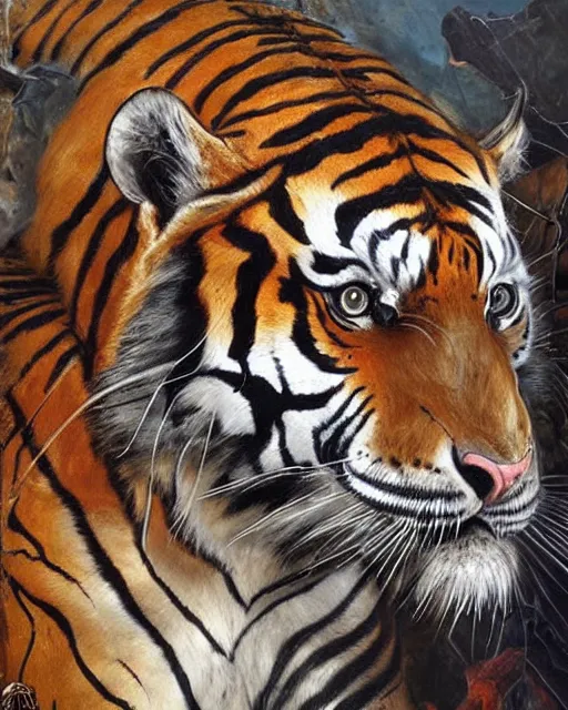 Image similar to realistic detailed skeleton of a tiger, cracked stained body full of marks, made by Karol Bak and Bernini. Rich colors. Masterpiece