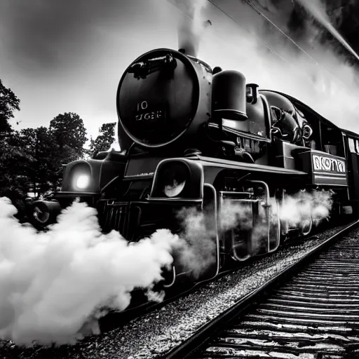 Image similar to train with steam locomotive leaving the station, dramatic cinematic angle and lighting