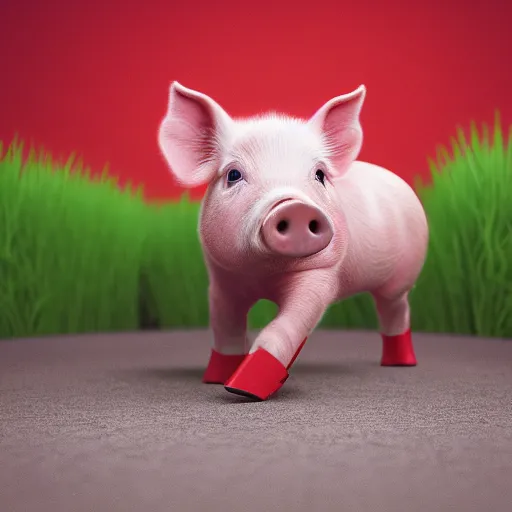 Image similar to digital art of a baby pig wearing red rainboots, 8 k render, octane render, saturated