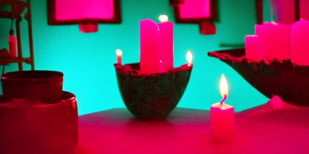 Image similar to macro of a vessel full of blood, it's in the corner of a room that's lit with candles, turquoise and pink lighting, 1980s, cinestill 800t