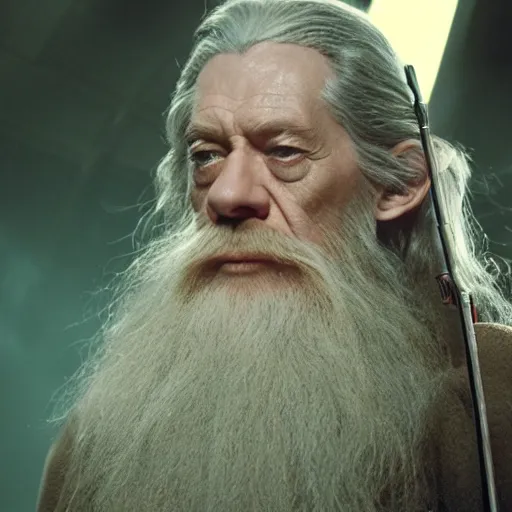 Image similar to still from the movie star wars episode iv with gandalf starring, highly detailed, extremely high quality, hd, 4 k, 8 k, canon 3 0 0 mm, professional photographer, 4 0 mp, lifelike, top - rated, award winning, realistic, detailed lighting, detailed shadows, sharp, no blur, edited, corrected, trending