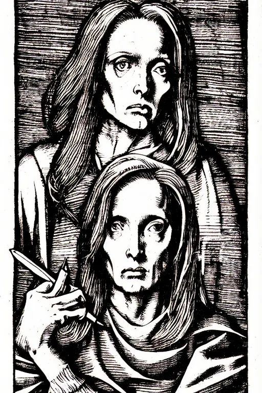 Prompt: dana scully of the apocalypse, pen and ink illustration / renaissance woodcut by albrecht durer 1 4 9 6, 1 2 0 0 dpi scan, ultrasharp detail, hq scan, intricate details, stylized border