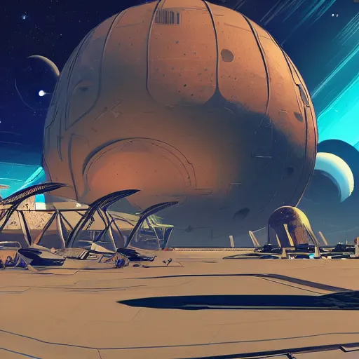 Image similar to a spaceport in no man's sky styles : cloisonnism, syd mead, moebius