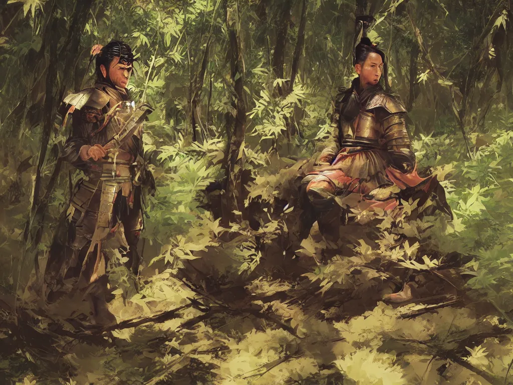 Prompt: a wandering samurai in full armor sitting in a dark bamboo forest, by huang guangjian and gil elvgren, sachin teng, greg manchess