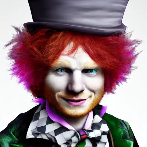 Image similar to ed sheeran as the mad hatter, ed sheeran in mad hatter attire and makeup, trending on artstation, photorealistic, 4 k, 8 k