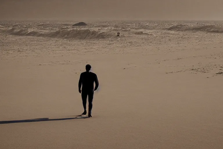 Image similar to a cinematic wide angle shot of a man in his early twenties walking on the sand towards the camera with his head down, sea behind him, in the 2 0 2 1 movie dune, the sand is in the form of a wave, stormy weather, dry, film still, cinematic, dramatic lighting, by zack snyder