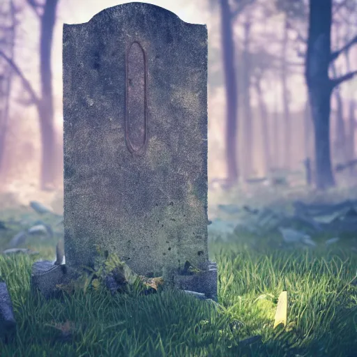 Image similar to side view of a beautiful abandoned tombstone with an embedded emerald laying on the ground, overgrown foliage taking over it, deep forest in the background, biopunk, bokeh, beautiful, lens flare, emotional, detailed, picture, trending on artstation, award - winning, shiny, golden, octane render