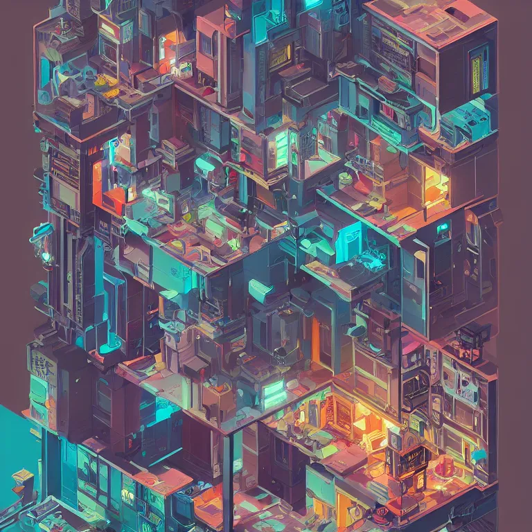 Image similar to isometric view illustration of a Cyberpunk apartment, highly detailed, by James Gilleard and Bruce Pennington