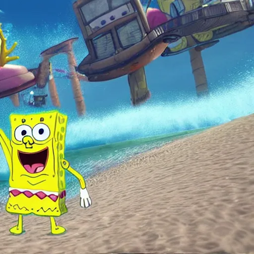 Image similar to SpongeBob comes flying out of the ocean as a result of the demolition derby, once again briefly seen in his live-action sponge form, Realistic, HDR, HDD, Unreal Engine 5, Real Event